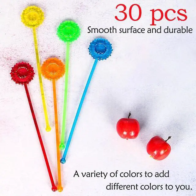 Alt view image 7 of 7 - 30 Pieces Disposable Plastic Sunflower Crystal Swizzle Sticks Glitter Plastic Swizzle Sticks Cocktail Coffee Drink (Blue, yellow, Red and Green)