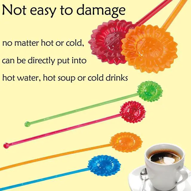 Alt view image 6 of 7 - 30 Pieces Disposable Plastic Sunflower Crystal Swizzle Sticks Glitter Plastic Swizzle Sticks Cocktail Coffee Drink (Blue, yellow, Red and Green)