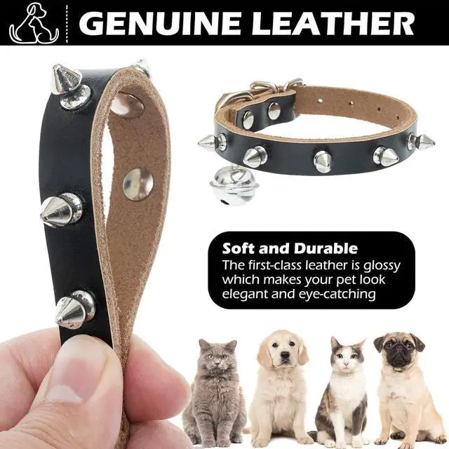 Alt view image 3 of 7 - BINGPET Spiked Cat Collar Breakaway, Leather Studded Dog Collar with Bell | Adjustable 7.9-10.2in for Kitten, Soft Gothic Collars with Spikes for Boy Girl Puppy, Punk Goth Style for Small Pet, Black S