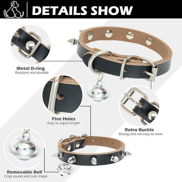 Alt view image 4 of 7 - BINGPET Spiked Cat Collar Breakaway, Leather Studded Dog Collar with Bell | Adjustable 7.9-10.2in for Kitten, Soft Gothic Collars with Spikes for Boy Girl Puppy, Punk Goth Style for Small Pet, Black S