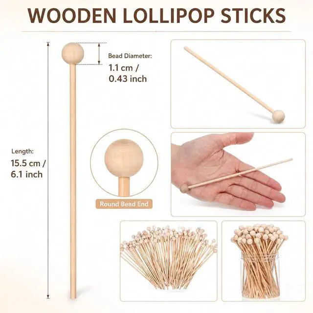Alt view image 2 of 7 - 50 Pcs Wooden Rock Candy Sticks with Ball Tips, Wooden Sticks Wood Cake 6 Inch Drink Stirrers Stick, Cakepop Stick for Lollipop Coffee Appetizer Skewers Cake Topper Decoration