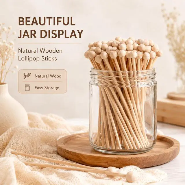 Alt view image 3 of 7 - 50 Pcs Wooden Rock Candy Sticks with Ball Tips, Wooden Sticks Wood Cake 6 Inch Drink Stirrers Stick, Cakepop Stick for Lollipop Coffee Appetizer Skewers Cake Topper Decoration