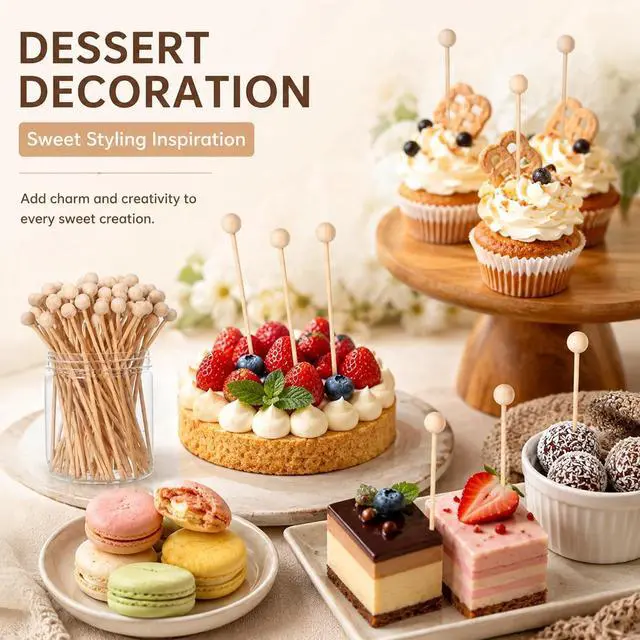 Alt view image 6 of 7 - 50 Pcs Wooden Rock Candy Sticks with Ball Tips, Wooden Sticks Wood Cake 6 Inch Drink Stirrers Stick, Cakepop Stick for Lollipop Coffee Appetizer Skewers Cake Topper Decoration