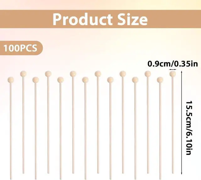 Alt view image 2 of 7 - 100PCS 6inch Wooden Rock Candy Sticks with Ball, Natural Wood Swizzle Sticks Wood Cake Pop Stick Drink Stirrer Stick for Hard Rock Candy Chocolate Dipping and Coffee