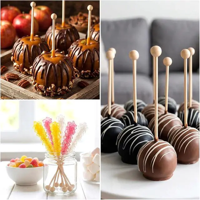 Alt view image 7 of 7 - 100PCS 6inch Wooden Rock Candy Sticks with Ball, Natural Wood Swizzle Sticks Wood Cake Pop Stick Drink Stirrer Stick for Hard Rock Candy Chocolate Dipping and Coffee