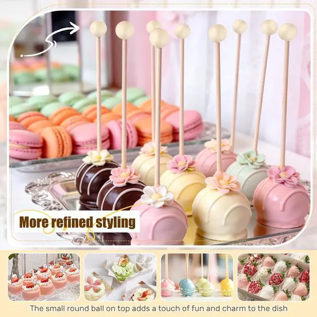 Alt view image 3 of 7 - 100PCS Rock Candy Sticks with Ball Tips,6 Inch Wood Swizzles Sticks,Natural Wood Cake & Drink Stirrer Sticks for Lollipop Coffee Appetizer Skewers (Multi-color)