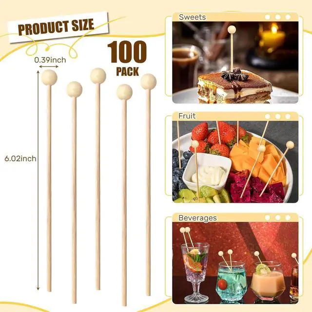 Alt view image 5 of 7 - 100PCS Rock Candy Sticks with Ball Tips,6 Inch Wood Swizzles Sticks,Natural Wood Cake & Drink Stirrer Sticks for Lollipop Coffee Appetizer Skewers (Multi-color)
