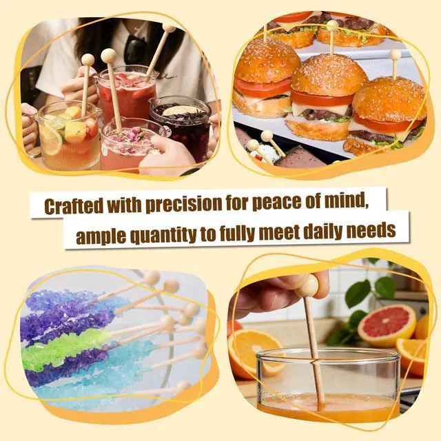 Alt view image 7 of 7 - 100PCS Rock Candy Sticks with Ball Tips,6 Inch Wood Swizzles Sticks,Natural Wood Cake & Drink Stirrer Sticks for Lollipop Coffee Appetizer Skewers (Multi-color)