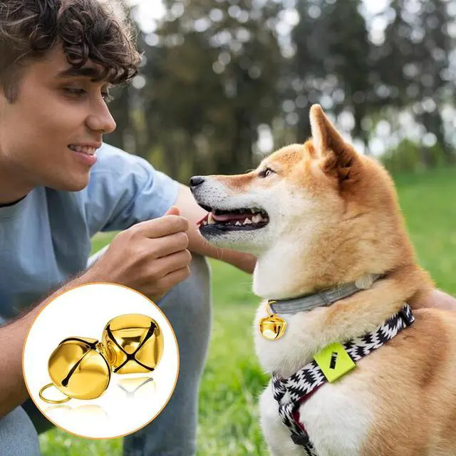 Alt view image 4 of 7 - Xthrotsenk 2 Pcs Gold Large Dog Bells 1.18'' Dog Collar Loud Bells Cat Bell Collars Handmade Metal Puppy Hanging Ring Bell with Ring Pet Pendant Accessories for Dogs Cat Pet