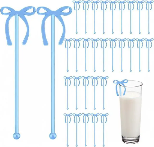 Main image of SiliFine 30 Pcs 6 Inch Party Bow Drink Stirrers Pack,Blue | Reusable Plastic Coffee Stirrer, Cocktail Party Decorations, Swizzle Stick Bulk, for Wedding Bridal Baby Show Birthday Party