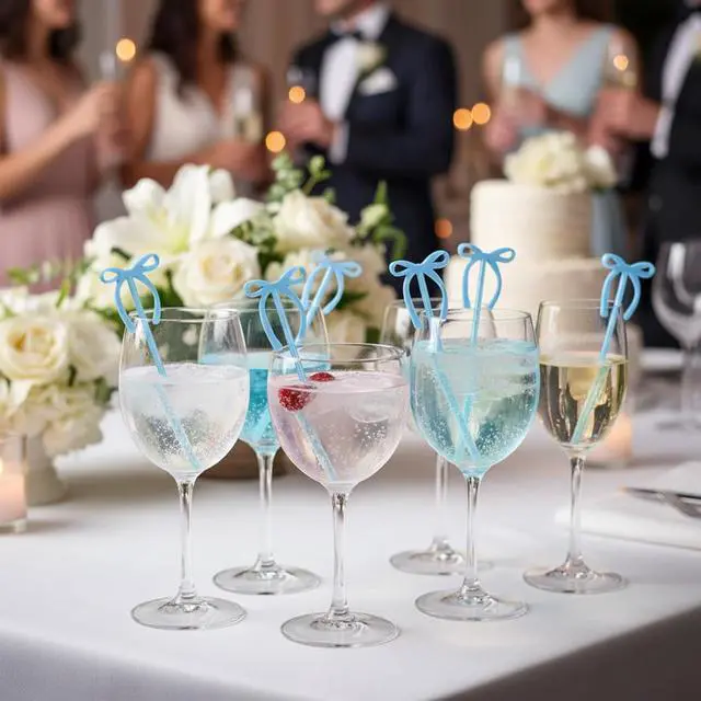 Alt view image 4 of 6 - SiliFine 30 Pcs 6 Inch Party Bow Drink Stirrers Pack,Blue | Reusable Plastic Coffee Stirrer, Cocktail Party Decorations, Swizzle Stick Bulk, for Wedding Bridal Baby Show Birthday Party