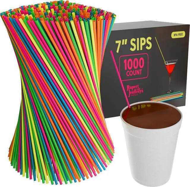 Main image of Tall 7 Inch Slim Plastic Coffee Stirrers and Sip Straws, Neon, 1,000 Count | Coffee straws and coffee stir sticks, slim 7-inch sip-stirrer format, neon, 1,000 count, tall-drink use