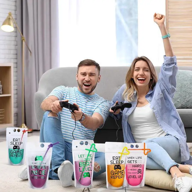 Alt view image 6 of 7 - Suclain 24 Pcs Video Game Drink Pouches with Straws Plastic Clear Zipper Drink Bags Reusable Pouches for Birthday Decor Video Game Party Favors Gift Prizes (Red/blue/green/orange)