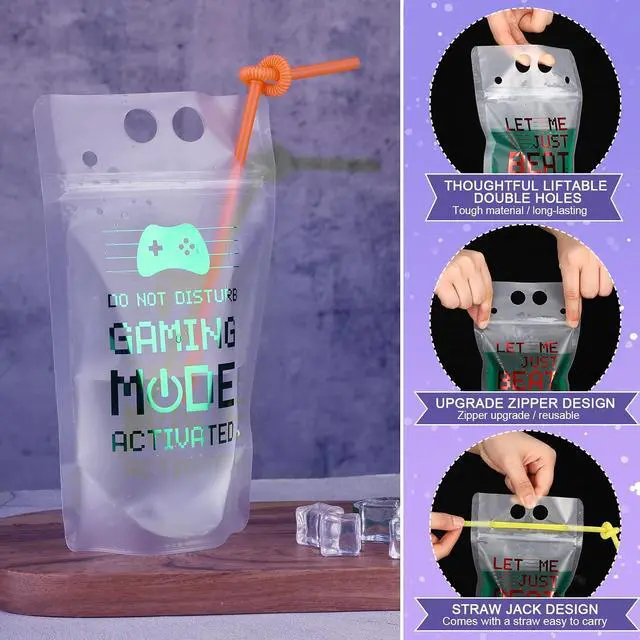 Alt view image 3 of 7 - Suclain 24 Pcs Video Game Drink Pouches with Straws Plastic Clear Zipper Drink Bags Reusable Pouches for Birthday Decor Video Game Party Favors Gift Prizes (Red/blue/green/orange)