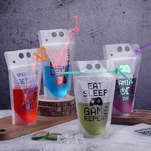 Alt view image 5 of 7 - Suclain 24 Pcs Video Game Drink Pouches with Straws Plastic Clear Zipper Drink Bags Reusable Pouches for Birthday Decor Video Game Party Favors Gift Prizes (Red/blue/green/orange)