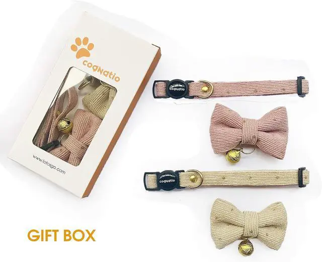 Alt view image 2 of 5 - Safety Quick Release Cat Collars, Soft Kitten Collars with Detachable Bow Tie and Bell, Pack of 2, Adjustable 20-30 cm (20-30cm, Pink+Cream)