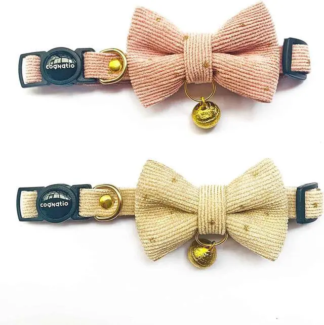 Main image of Safety Quick Release Cat Collars, Soft Kitten Collars with Detachable Bow Tie and Bell, Pack of 2, Adjustable 20-30 cm (20-30cm, Pink+Cream)