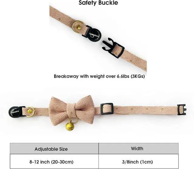 Alt view image 4 of 5 - Safety Quick Release Cat Collars, Soft Kitten Collars with Detachable Bow Tie and Bell, Pack of 2, Adjustable 20-30 cm (20-30cm, Pink+Cream)