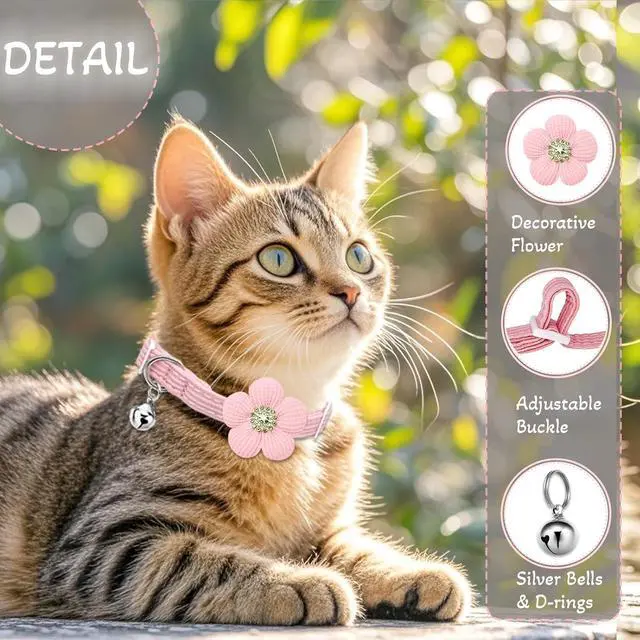 Alt view image 2 of 7 - Cat Collar, HANSHILAI Kitten Collar with Bells, Cute Cat Collar Breakaway for Girl Boy with Flower,Collar para Gatos (Rhinestones Yellow & Pink & Orange & Purple)