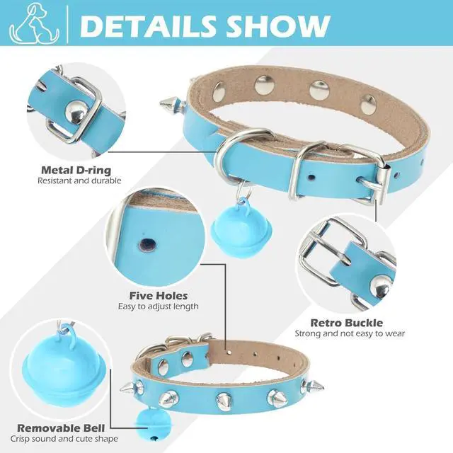 Alt view image 4 of 7 - BINGPET Spiked Cat Collar Breakaway, Leather Studded Dog Collar with Bell | Adjustable 7.9-10.2in for Kitten, Soft Gothic Collars with Spikes for Boy Girl Puppy, Punk Goth Style for Small Pet, Blue S