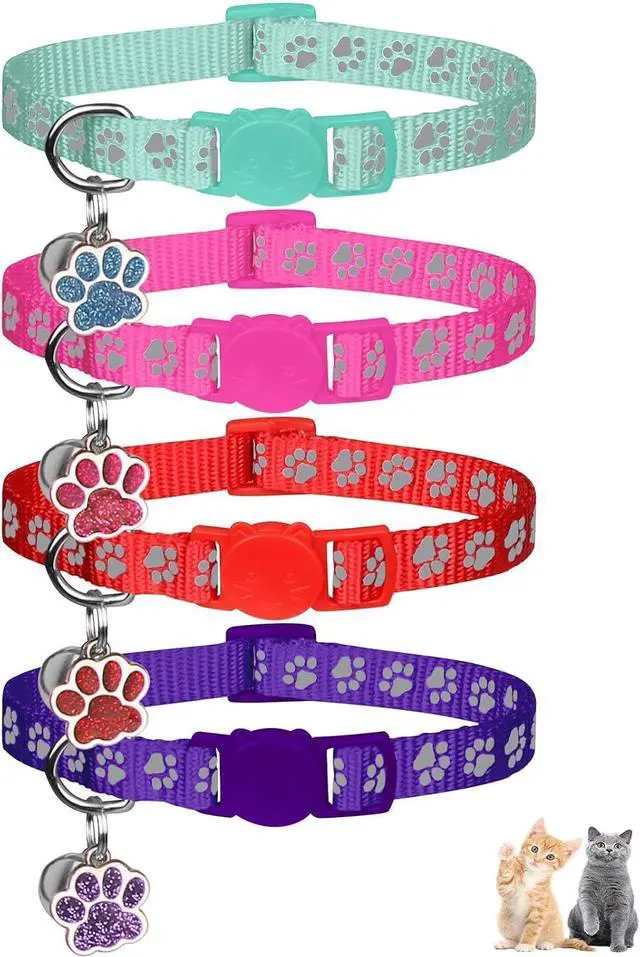 Main image of 4PCS Breakaway Cat Collars,Reflective Cat Collar with Bells,Kitten Collars for Boy&Girl Cats Breakaway Collar for Cats with Paw Pendant 7.5-12.6 Inch(Purple+Hotpink+Red+Teal)
