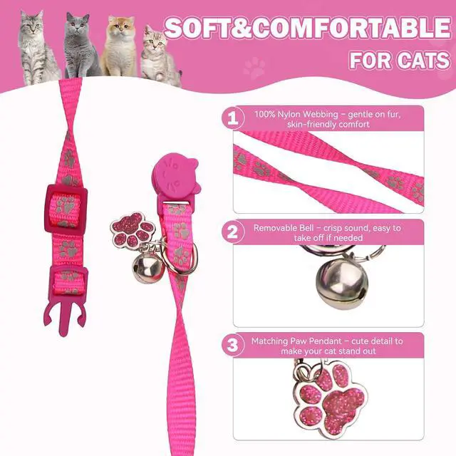 Alt view image 3 of 7 - 4PCS Breakaway Cat Collars,Reflective Cat Collar with Bells,Kitten Collars for Boy&Girl Cats Breakaway Collar for Cats with Paw Pendant 7.5-12.6 Inch(Purple+Hotpink+Red+Teal)