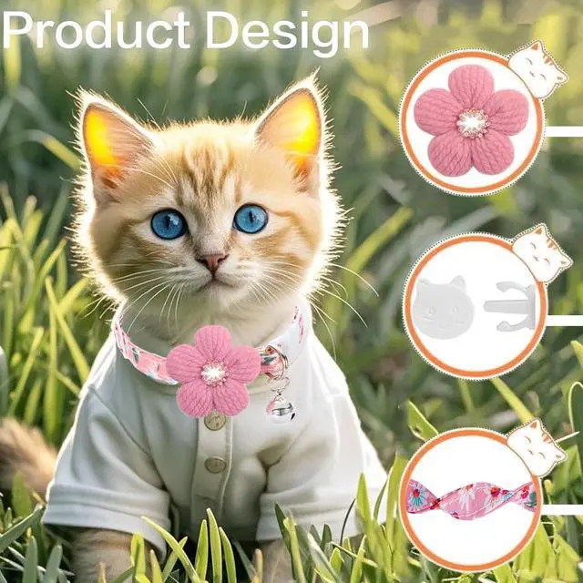 Alt view image 2 of 7 - Cat Collar, HYQHYX Breakaway Kitten Collar with Flower,Rhinestone Kitty Collar with Bell, Floral Pet Collar with Safety Buckle for Cats and Puppy Dog