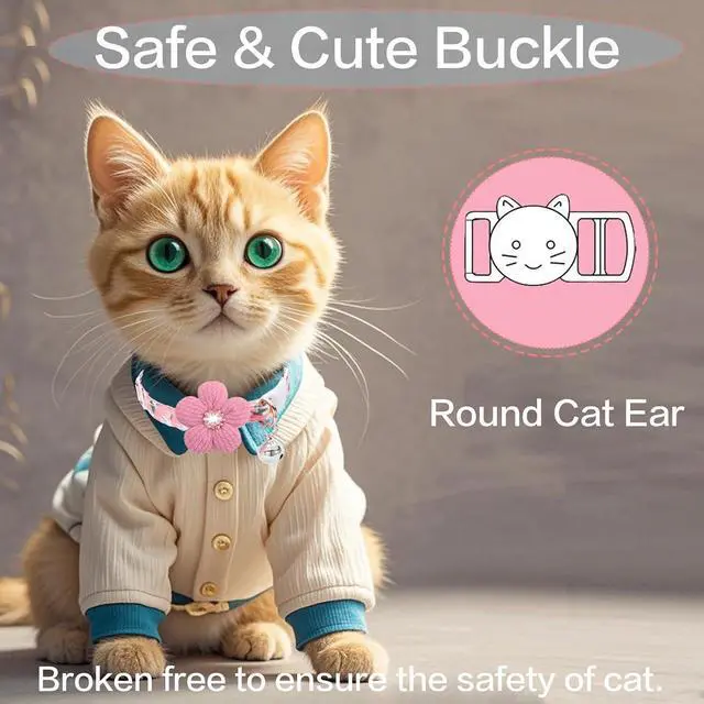 Alt view image 3 of 7 - Cat Collar, HYQHYX Breakaway Kitten Collar with Flower,Rhinestone Kitty Collar with Bell, Floral Pet Collar with Safety Buckle for Cats and Puppy Dog