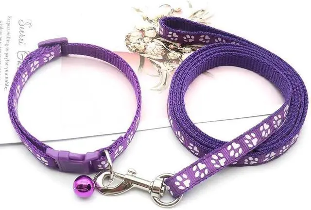 Alt view image 2 of 6 - Purple Cat Collar and Leash with Bell Set, Kitten Collars with Bell XXS Dog Collar Reflective Dog Collar Leash Set with Bell, Basic Nylon Boy Girls Pet Collar Adjustable for XXS XS S Tiny Puppies