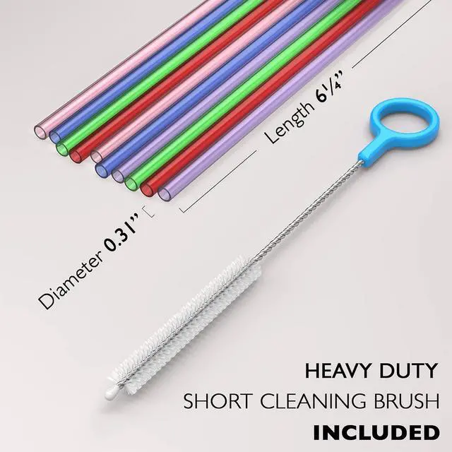 Alt view image 2 of 2 - Fiesta First 10 Short Straws Reusable Hard Plastic, Medium Width + Sturdy Cleaning Brush - for Small Cups, Kids Drinks - Dishwasher Safe BPA Free