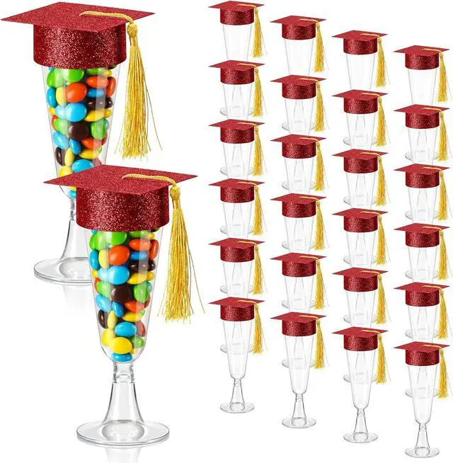 Main image of Ziliny 24 Set Graduation Plastic Champagne Flutes with Mini Graduation Cap Topper for Class of 2026 Grad Party Decoration