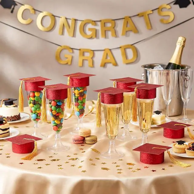 Alt view image 5 of 7 - Ziliny 24 Set Graduation Plastic Champagne Flutes with Mini Graduation Cap Topper for Class of 2026 Grad Party Decoration