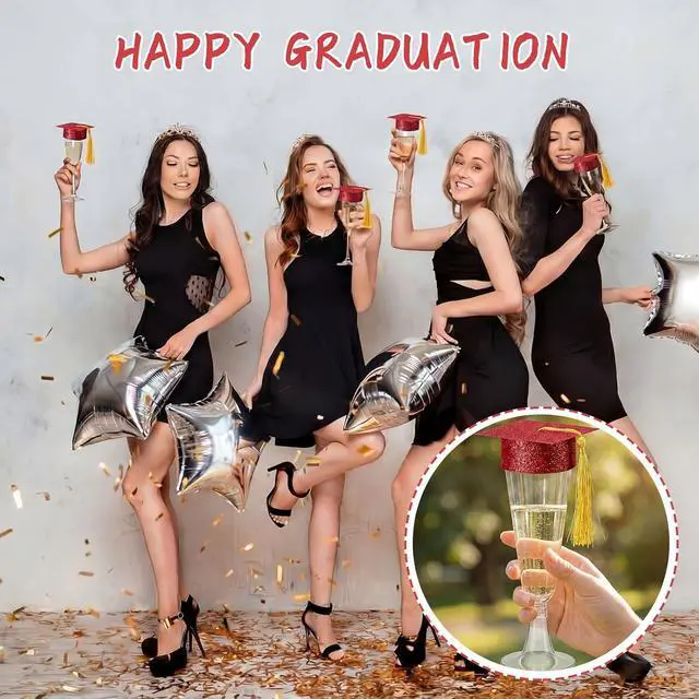 Alt view image 6 of 7 - Ziliny 24 Set Graduation Plastic Champagne Flutes with Mini Graduation Cap Topper for Class of 2026 Grad Party Decoration