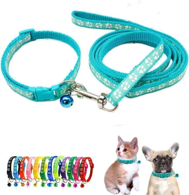 Main image of Puppy Dog Collar with Bell Leash Set, Cat Kitten Collars, Mint Green XXS,XS | Paw Print Reflective Dog Collar Leash Set with Bell, Basic Nylon Boy Girls Pet Collar Adjustable For XXS XS S Tiny Puppies