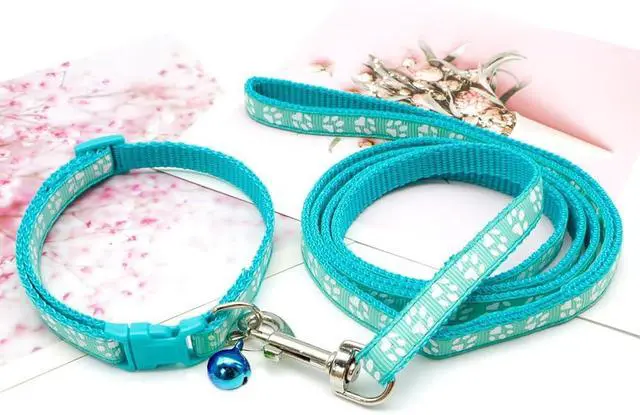 Alt view image 2 of 7 - Puppy Dog Collar with Bell Leash Set, Cat Kitten Collars, Mint Green XXS,XS | Paw Print Reflective Dog Collar Leash Set with Bell, Basic Nylon Boy Girls Pet Collar Adjustable For XXS XS S Tiny Puppies