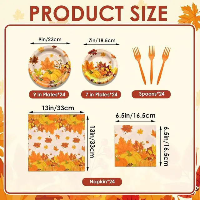 Alt view image 2 of 6 - 96 Pieces Thanksgiving Tableware Set - Fall Harvest Disposable Dinnerware with Plates, Napkins, Forks for Autumn Celebrations, Thanksgiving Day, and Harvest Festival, Serves 24 Guests