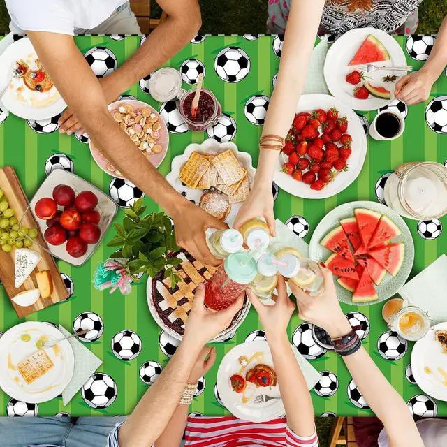 Alt view image 5 of 7 - Wiooffen 3 Pcs Soccer Party Tablecloth Soccer Birthday Plastic Tablecloths Disposable World Cup Table Cover Party Decorations Sports Table Cloth Themed Party Supplies Favors, 54 x 108 Inches