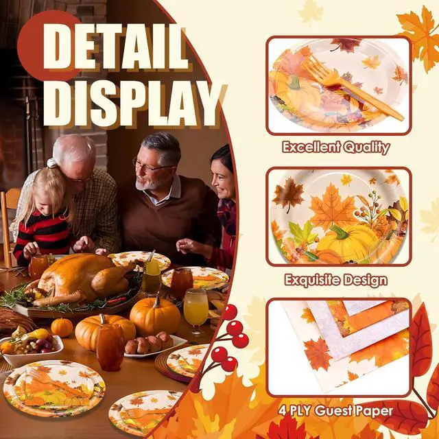 Alt view image 3 of 6 - 96 Pieces Thanksgiving Tableware Set - Fall Harvest Disposable Dinnerware with Plates, Napkins, Forks for Autumn Celebrations, Thanksgiving Day, and Harvest Festival, Serves 24 Guests