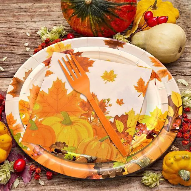 Alt view image 5 of 6 - 96 Pieces Thanksgiving Tableware Set - Fall Harvest Disposable Dinnerware with Plates, Napkins, Forks for Autumn Celebrations, Thanksgiving Day, and Harvest Festival, Serves 24 Guests