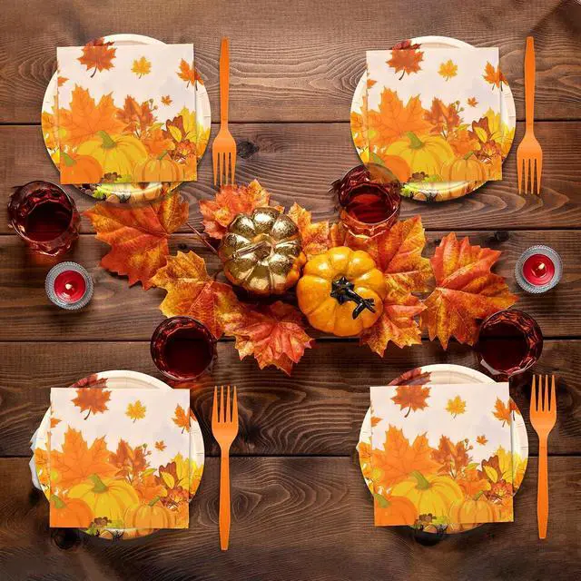 Alt view image 6 of 6 - 96 Pieces Thanksgiving Tableware Set - Fall Harvest Disposable Dinnerware with Plates, Napkins, Forks for Autumn Celebrations, Thanksgiving Day, and Harvest Festival, Serves 24 Guests