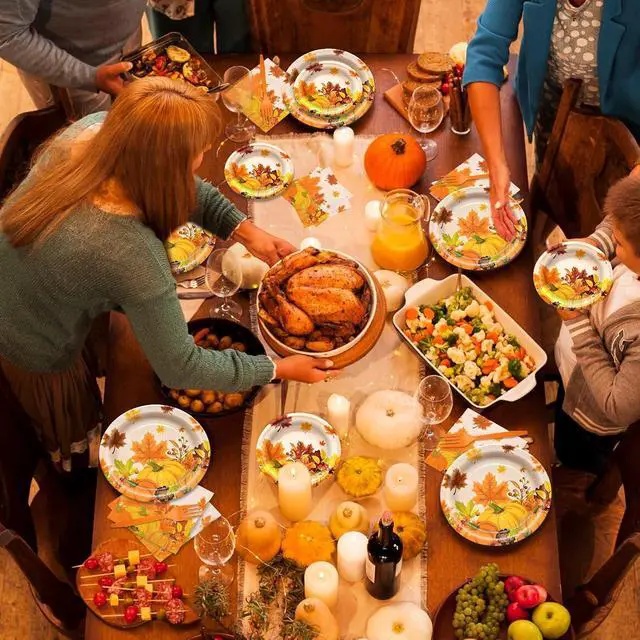 Alt view image 4 of 6 - 96 Pieces Thanksgiving Tableware Set - Fall Harvest Disposable Dinnerware with Plates, Napkins, Forks for Autumn Celebrations, Thanksgiving Day, and Harvest Festival, Serves 24 Guests