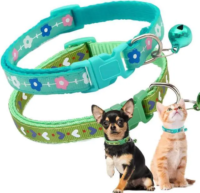 Main image of XS Dog Collar with Bell, Nylon Cute 2 Pack Boys Kitten Cat Collars, Green | Adjustable Bells Collar for Walking Male Female XXS XS S Puppies Little Tiny Pets Animals