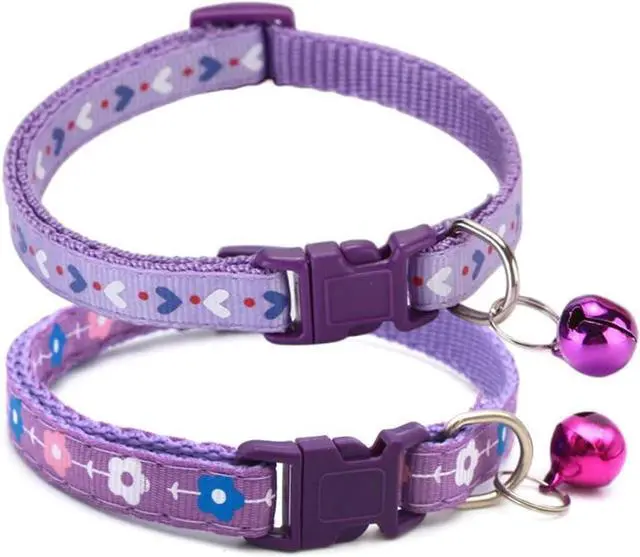 Main image of Small Dog Collar with Bell 2-Pack Girl Cat Puppy Collar with Bells, Purple | Heart & Floral Pattern, With Bell, Adjustable, For XXS Xs Small Female Pet Dogs & Cats Kitten
