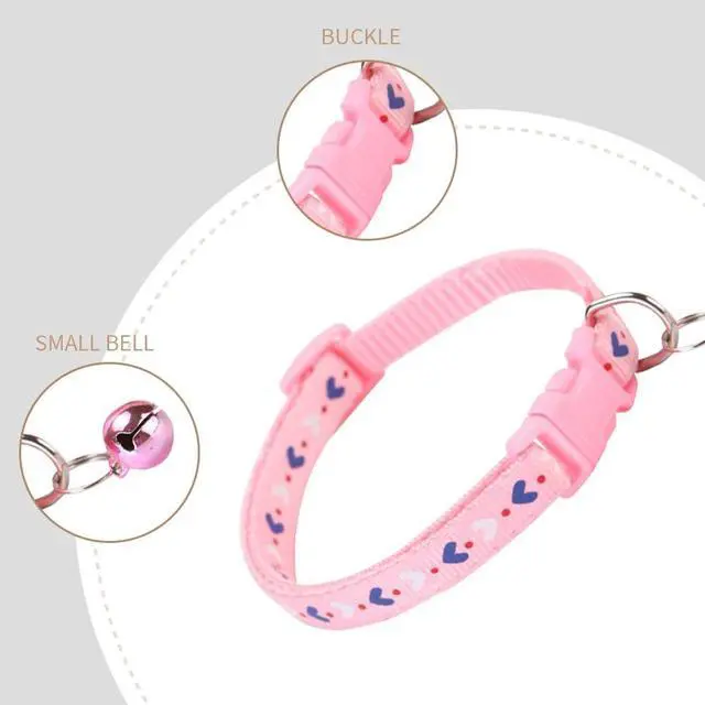 Alt view image 4 of 5 - Small Dog Collar with Bell 2-Pack Girl Cat Puppy Collar with Bells, Purple | Heart & Floral Pattern, With Bell, Adjustable, For XXS Xs Small Female Pet Dogs & Cats Kitten