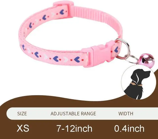 Alt view image 5 of 5 - Small Dog Collar with Bell 2-Pack Girl Cat Puppy Collar with Bells, Purple | Heart & Floral Pattern, With Bell, Adjustable, For XXS Xs Small Female Pet Dogs & Cats Kitten