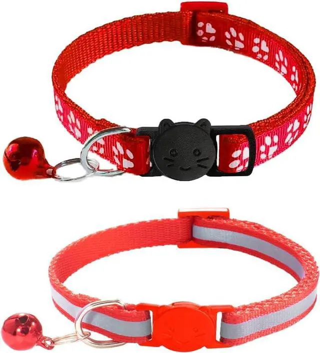 Main image of 2 Pack Breakaway Cat Collars with Bells, Reflective Design and Claw Print Design, Safety Buckle Kitten Collars Adjustable from 7.5 to 12.5 Inches (Red)