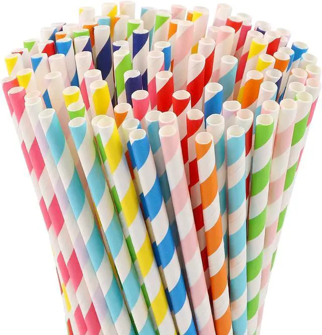 Main image of 100 Pcs Biodegradable Paper Straws, Assorted Rainbow Colors Striped, 10 Colors for Drinks, Parties, Crafts