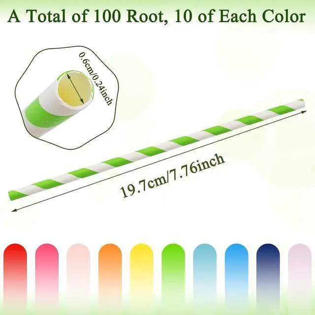 Alt view image 2 of 6 - 100 Pcs Biodegradable Paper Straws, Assorted Rainbow Colors Striped, 10 Colors for Drinks, Parties, Crafts