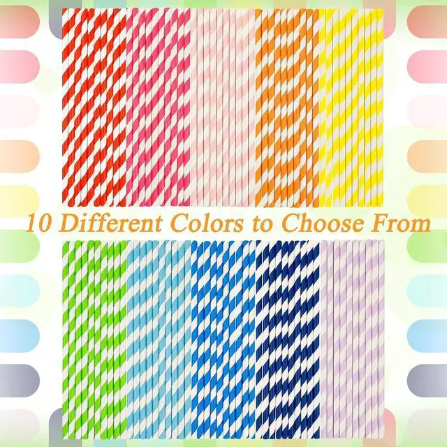 Alt view image 3 of 6 - 100 Pcs Biodegradable Paper Straws, Assorted Rainbow Colors Striped, 10 Colors for Drinks, Parties, Crafts