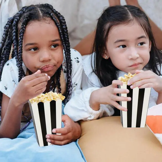 Alt view image 2 of 7 - XIEHE 24 Pack Striped Popcorn Boxes - Carnival Parties Mini Paper Popcorn and Candy Containers, Party Supplies for Movie Nights (Black)